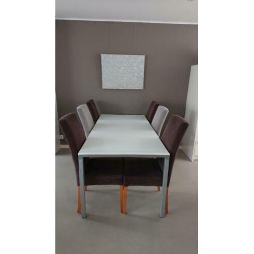 Mooie zilvergrijze tafel met mat glazenblad en 6 stoelen