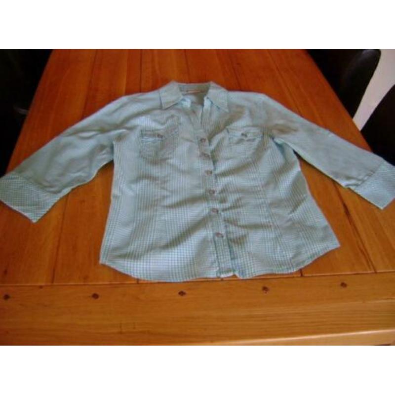 Turquoise/wit fijn geruit Essential blousje, maat 40