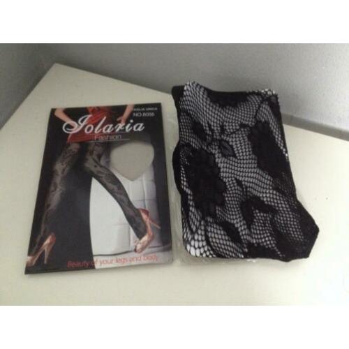 NIEUW; zwart panty fish-net+bloem print one size jolaria