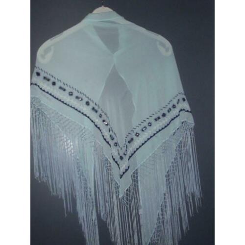 Omslagdoek met franje - blauw met werksel