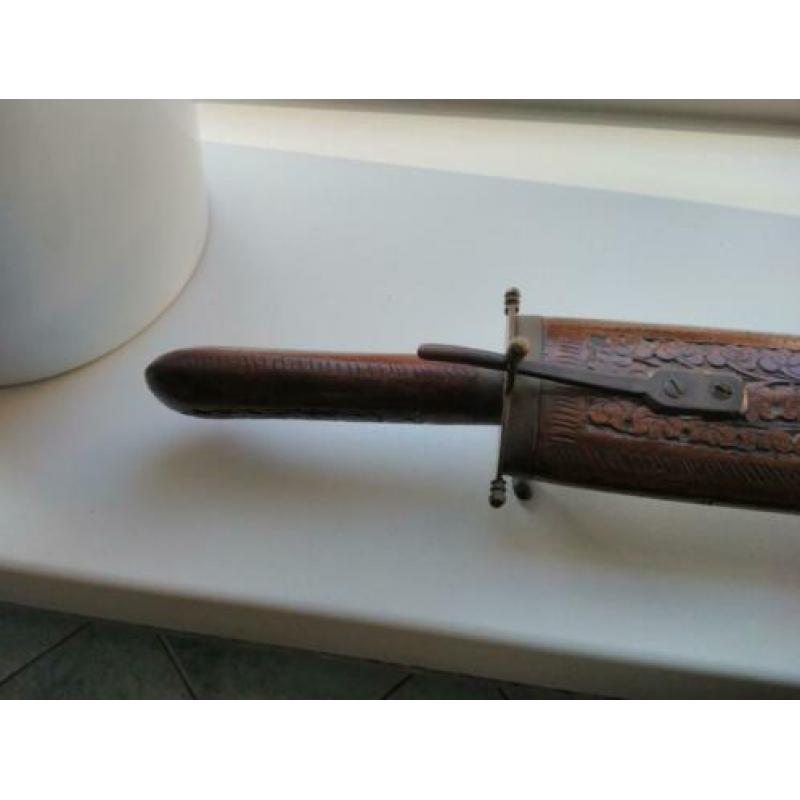 Mooie set mes en vork in hout bewerkte houder