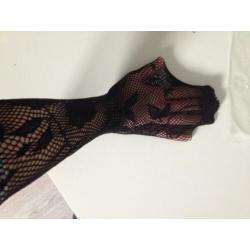 NIEUW; zwart panty fish-net+bloem print one size jolaria