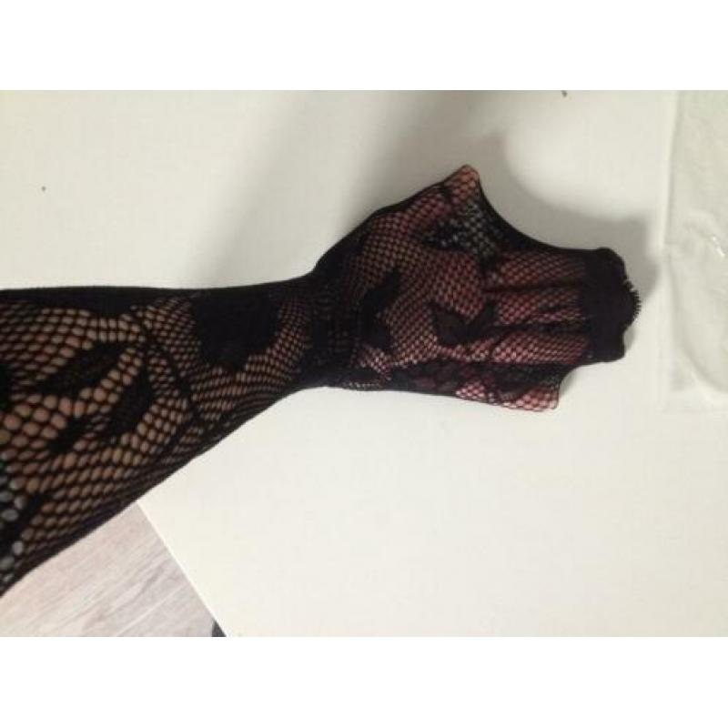 NIEUW; zwart panty fish-net+bloem print one size jolaria