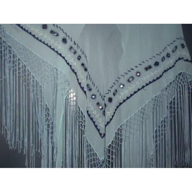 Omslagdoek met franje - blauw met werksel