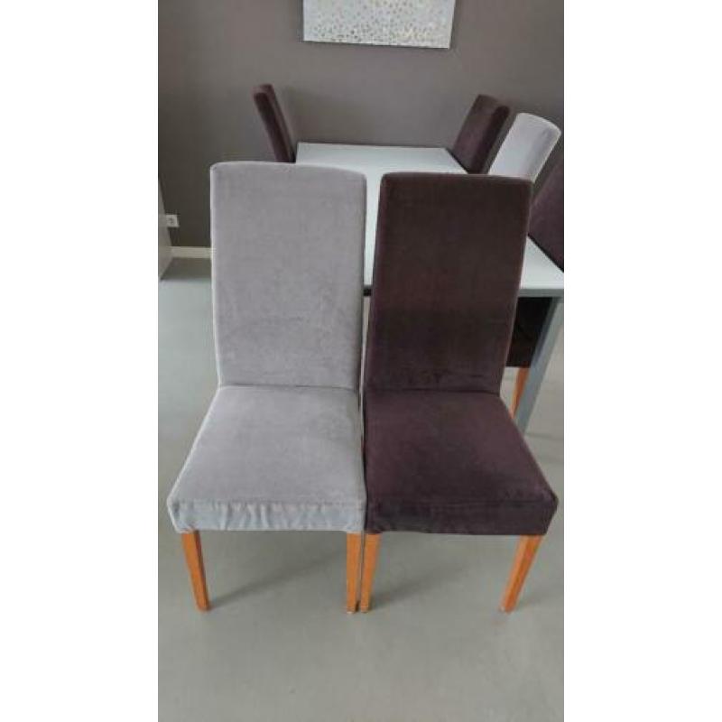 Mooie zilvergrijze tafel met mat glazenblad en 6 stoelen