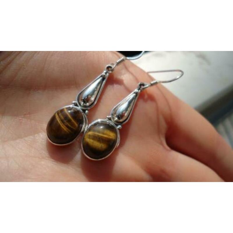 925 zilver / zilveren oorbellen met tijgeroog - Vanoli