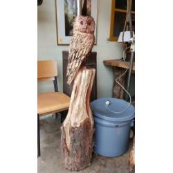 Mooi houten uilen beeld op boomstam
