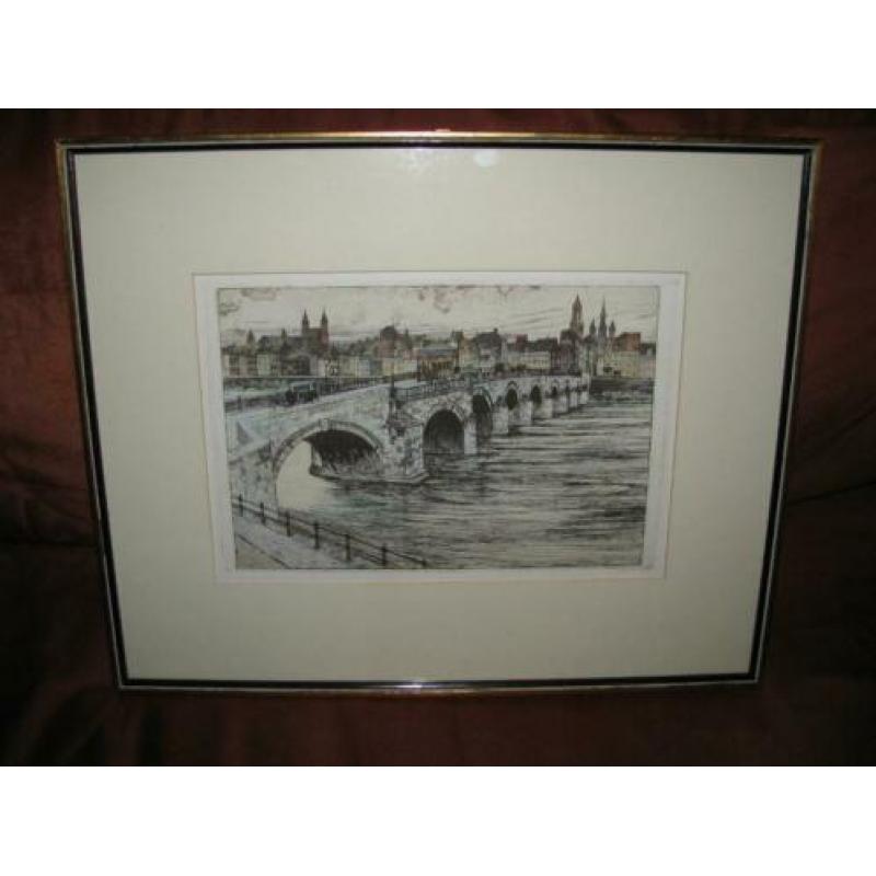 Han Jelinger (1895-1961), kleuren ets, gezicht op Maastricht