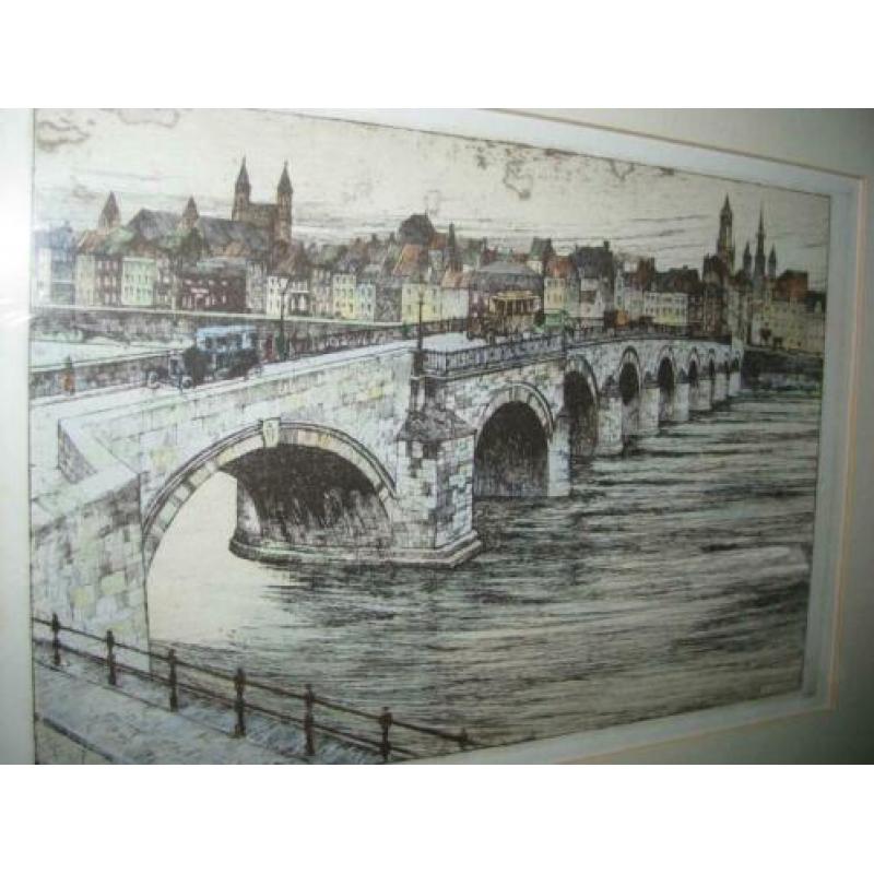 Han Jelinger (1895-1961), kleuren ets, gezicht op Maastricht