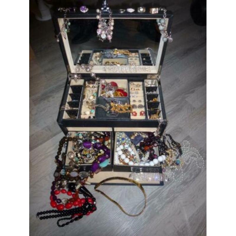 Partij sieraden. Groot lot sieraden in grote koffer.