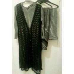 Nieuw 4 delige kameez salwar dupetta kant vest zilver maat S