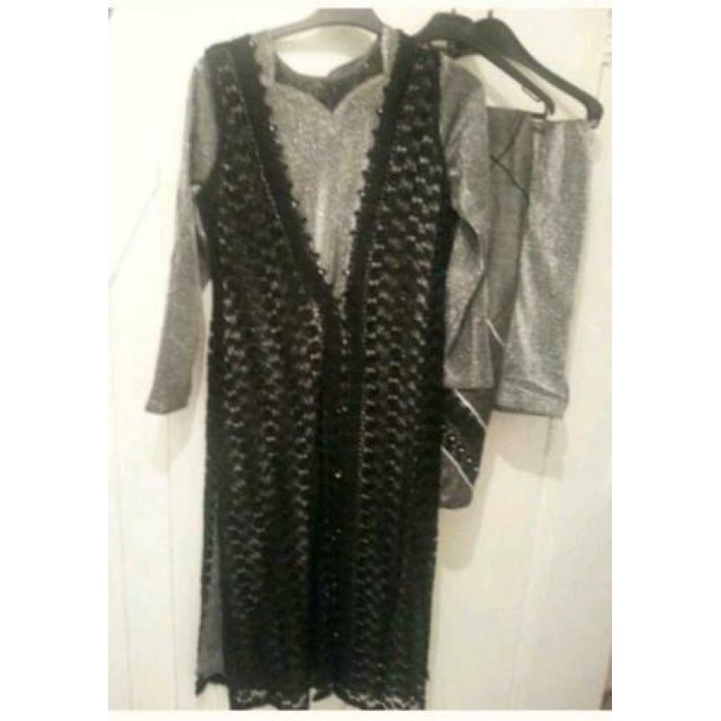 Nieuw 4 delige kameez salwar dupetta kant vest zilver maat S