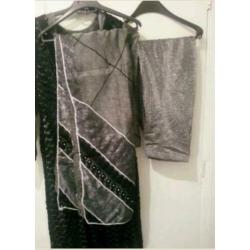 Nieuw 4 delige kameez salwar dupetta kant vest zilver maat S