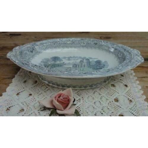 Antieke Engels ovale schaal op voet, Hill Pottery , Rhine