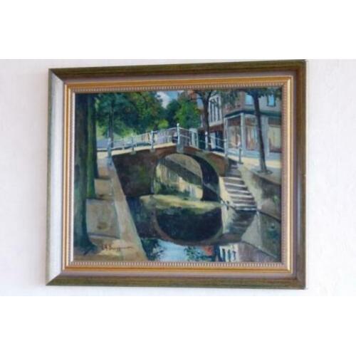 Antiek Olieverf schilderij gracht met brug