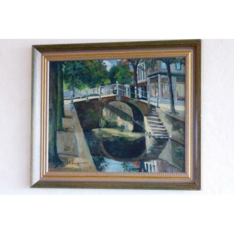 Antiek Olieverf schilderij gracht met brug