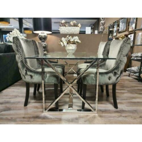 Glasplaat Eettafel zilver chroom onderstel OP VOORRAAD