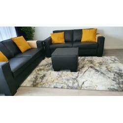 Leren zwarte bankstel met hocker
