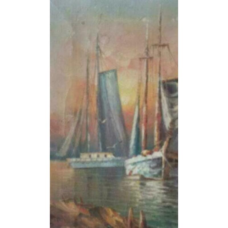Olieverf boten in de avondzon zeilboot gesign. Jilner