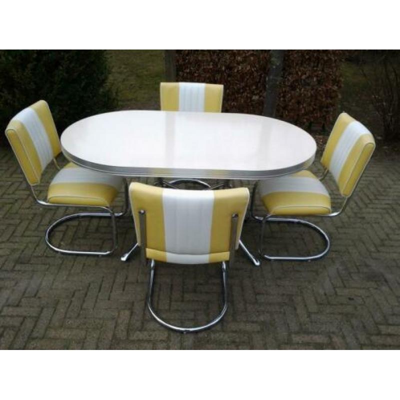 4 slede stoelen + diner tafel Bel Air retro fifties sixties