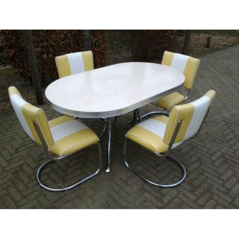 4 slede stoelen + diner tafel Bel Air retro fifties sixties