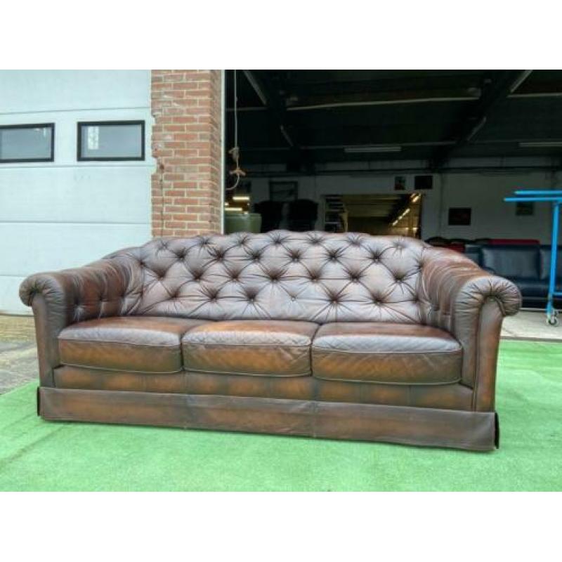 CHESTERFIELD bruin leren bank vintage + GRATIS BEZORGD