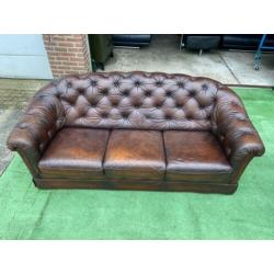 CHESTERFIELD bruin leren bank vintage + GRATIS BEZORGD