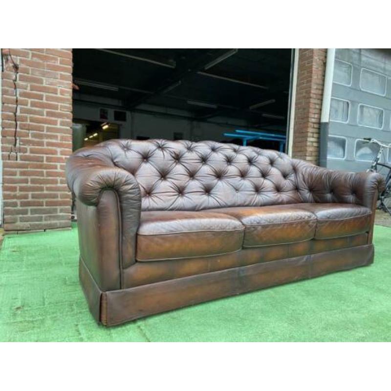 CHESTERFIELD bruin leren bank vintage + GRATIS BEZORGD