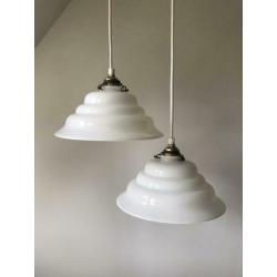 2 vintage melkglas driehoek lampenkap hanglamp opaline wit