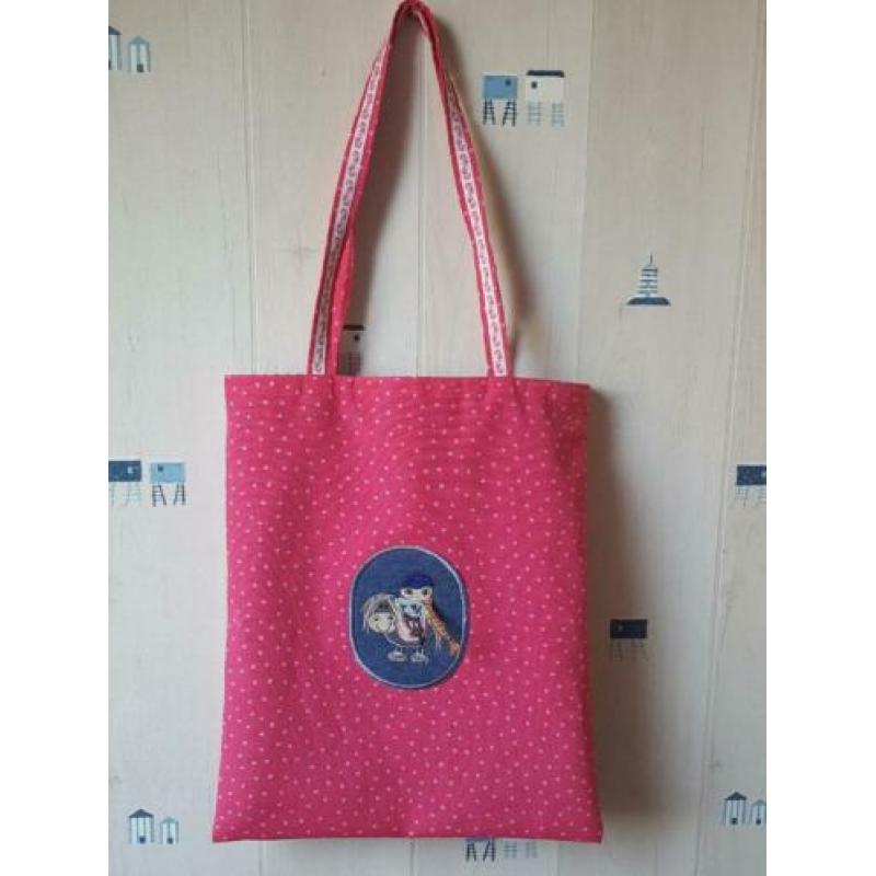 Roze canvas tas, met grappige applicatie meisje op pony
