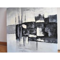 Abstract in zwart wit en grijsblauw, olieverf op doek