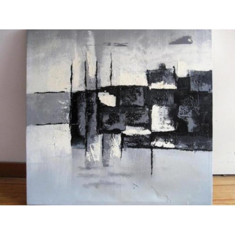 Abstract in zwart wit en grijsblauw, olieverf op doek