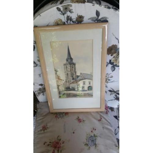 Mooie oude ingekleurde tekening/ets winterswijk