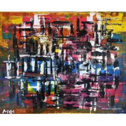 Cham Hillenius ( 1964 - ) " Stadsleven " acryl op linnen