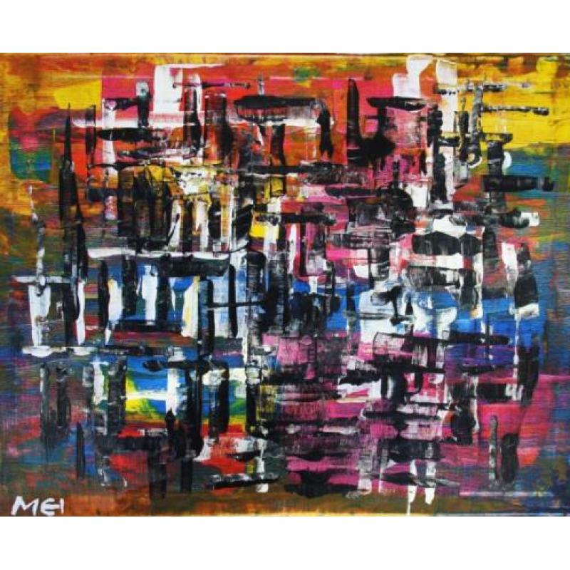 Cham Hillenius ( 1964 - ) " Stadsleven " acryl op linnen