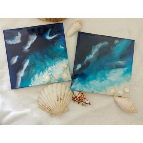 Schilderijen strand gemaakt van epoxy giethars op canvas