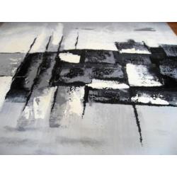 Abstract in zwart wit en grijsblauw, olieverf op doek