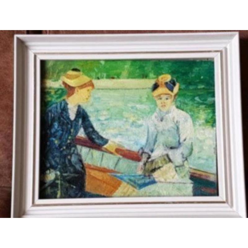 Olieverf schilderij 2 dames in boot gesigneerd v d Berg.