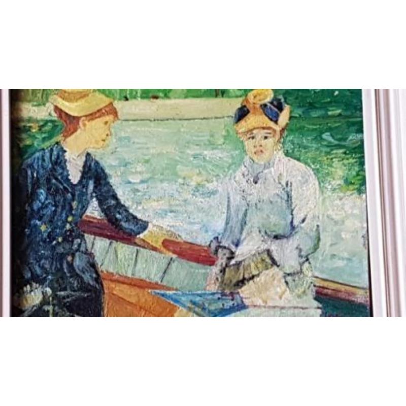Olieverf schilderij 2 dames in boot gesigneerd v d Berg.