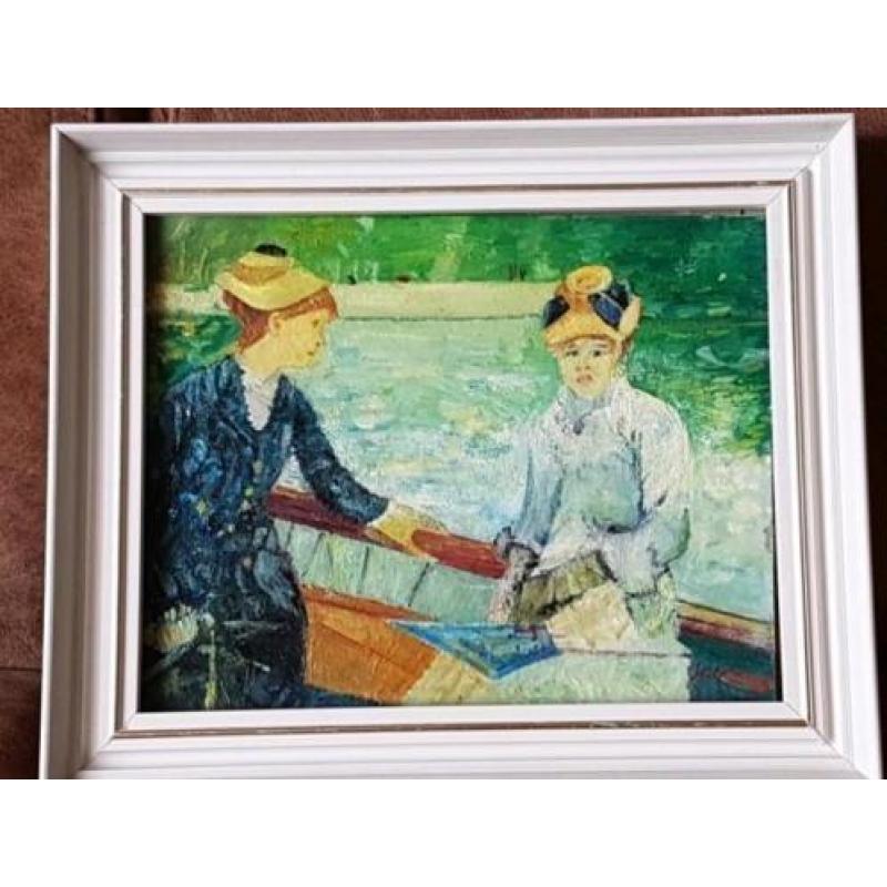 Olieverf schilderij 2 dames in boot gesigneerd v d Berg.