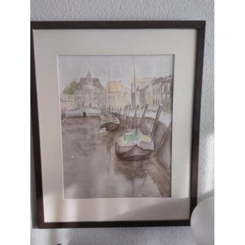 Aquarel bergen op zoom de kaai gesigneerd met Spuihuis