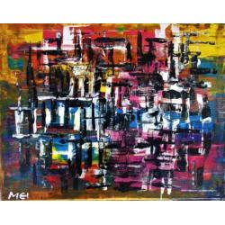 Cham Hillenius ( 1964 - ) " Stadsleven " acryl op linnen