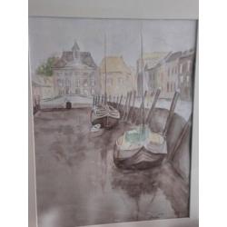 Aquarel bergen op zoom de kaai gesigneerd met Spuihuis