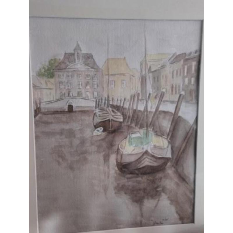 Aquarel bergen op zoom de kaai gesigneerd met Spuihuis